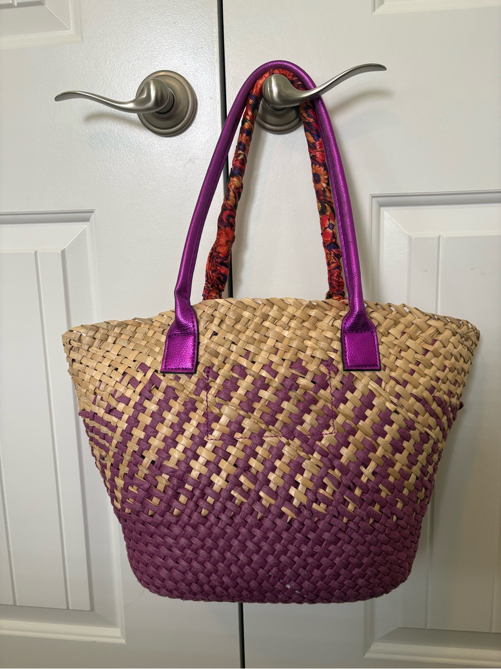Kurt Geiger Purple-Trim Straw Tote with Floral Scarf Handles - Picture 2 of 7